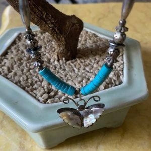 Antique milky sliver turquoise abalone butterfly necklace